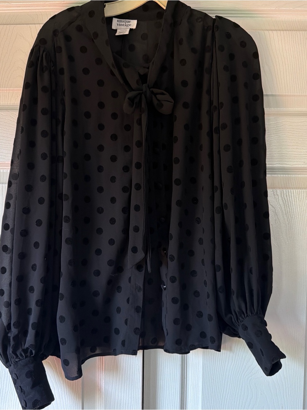 Unique Vintage Black Polka Dot Tie-Neck Blouse